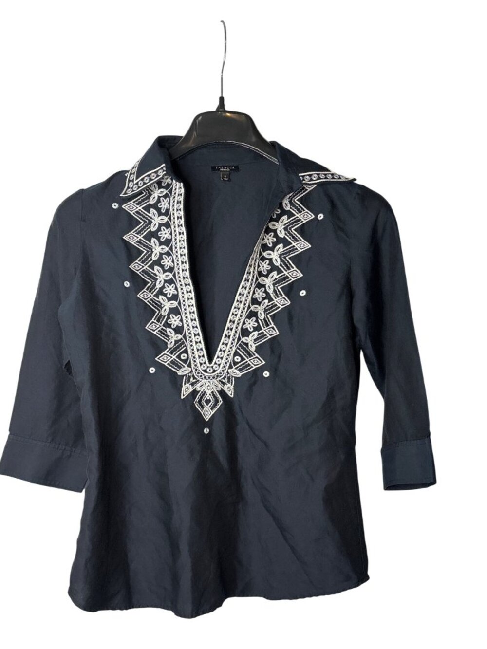 Talbots Navy Blue Embroidered V-Neck Tunic